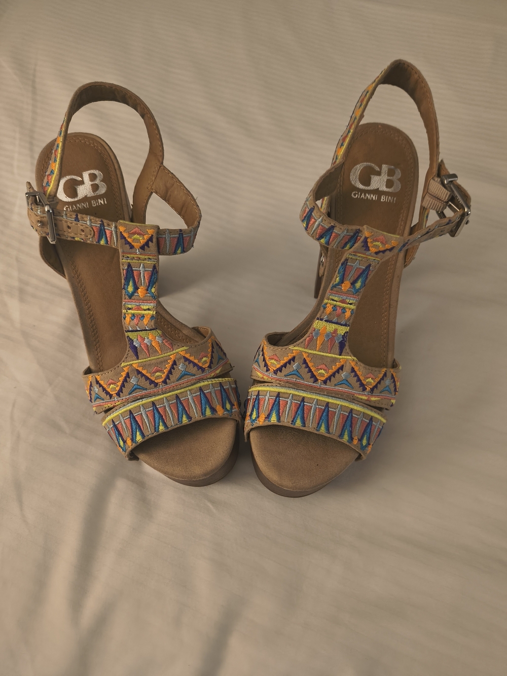 Gianni Bini Tan Platform Sandals with Multicolor Embroidery